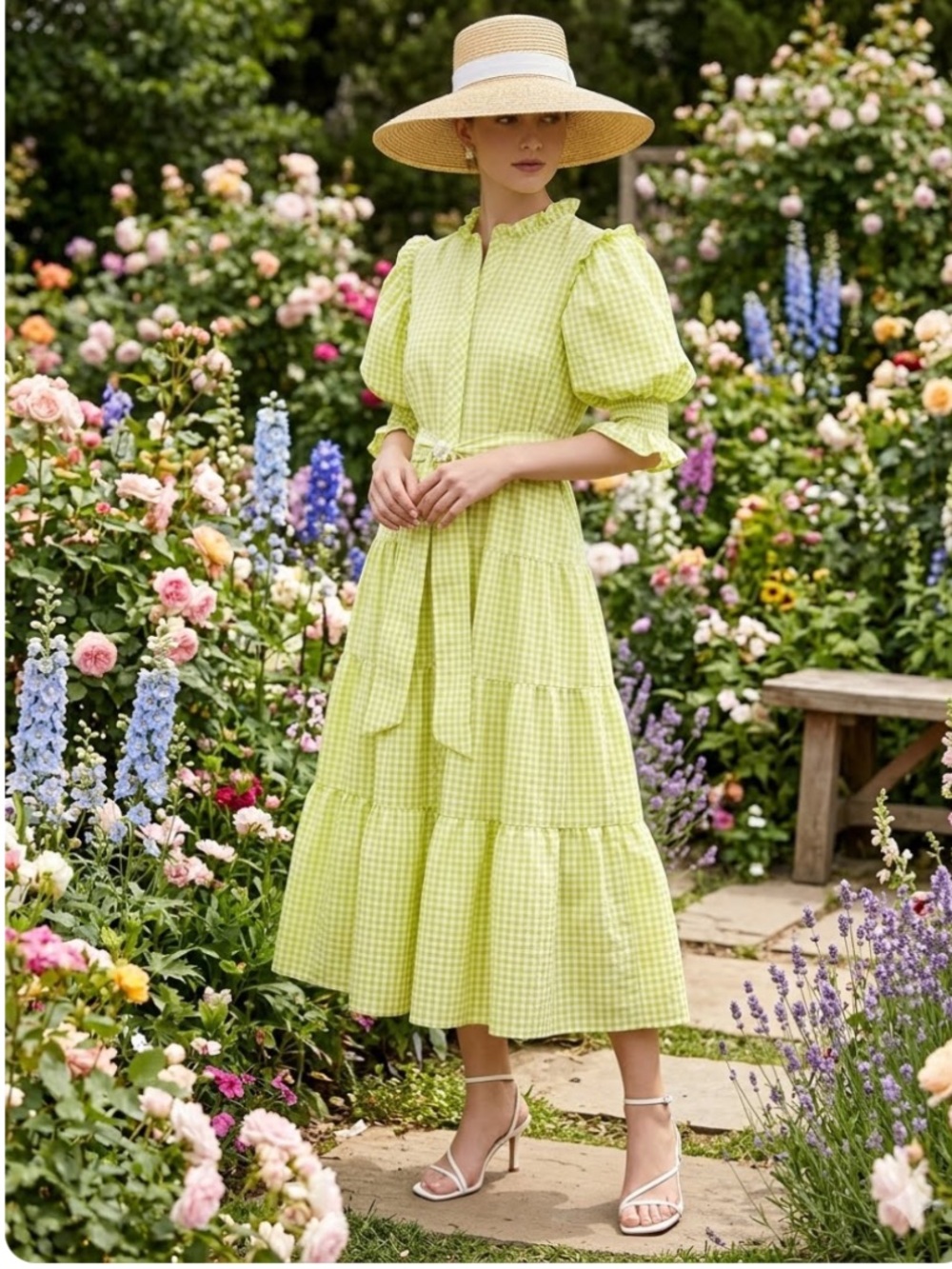 Dondolo Gingham Tiered Puff Sleeve Midi Dress Size Medium Yellow Cottagecore